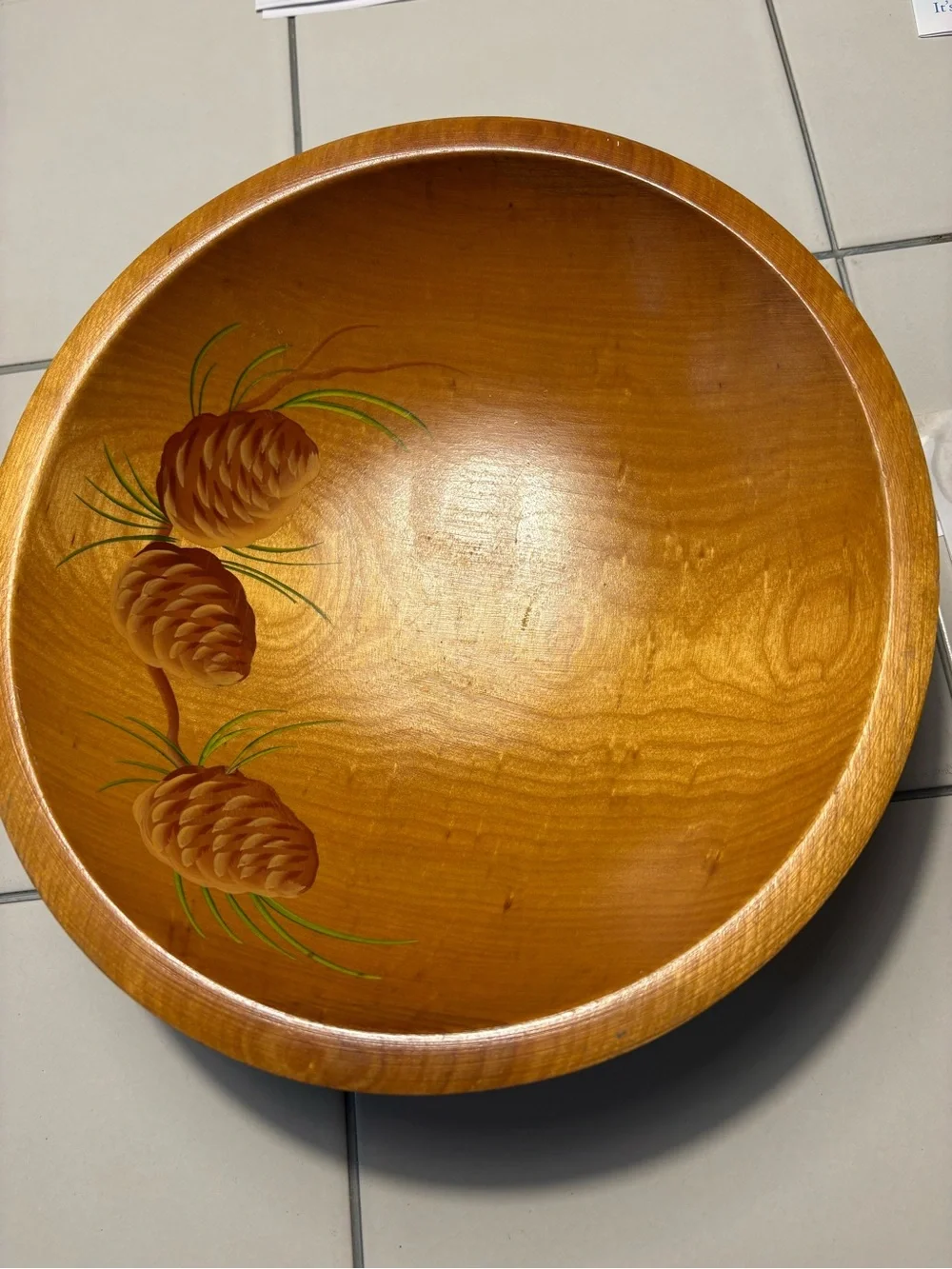Hand-Painted Pinecone Wooden Serving Bowl — Warm Brown